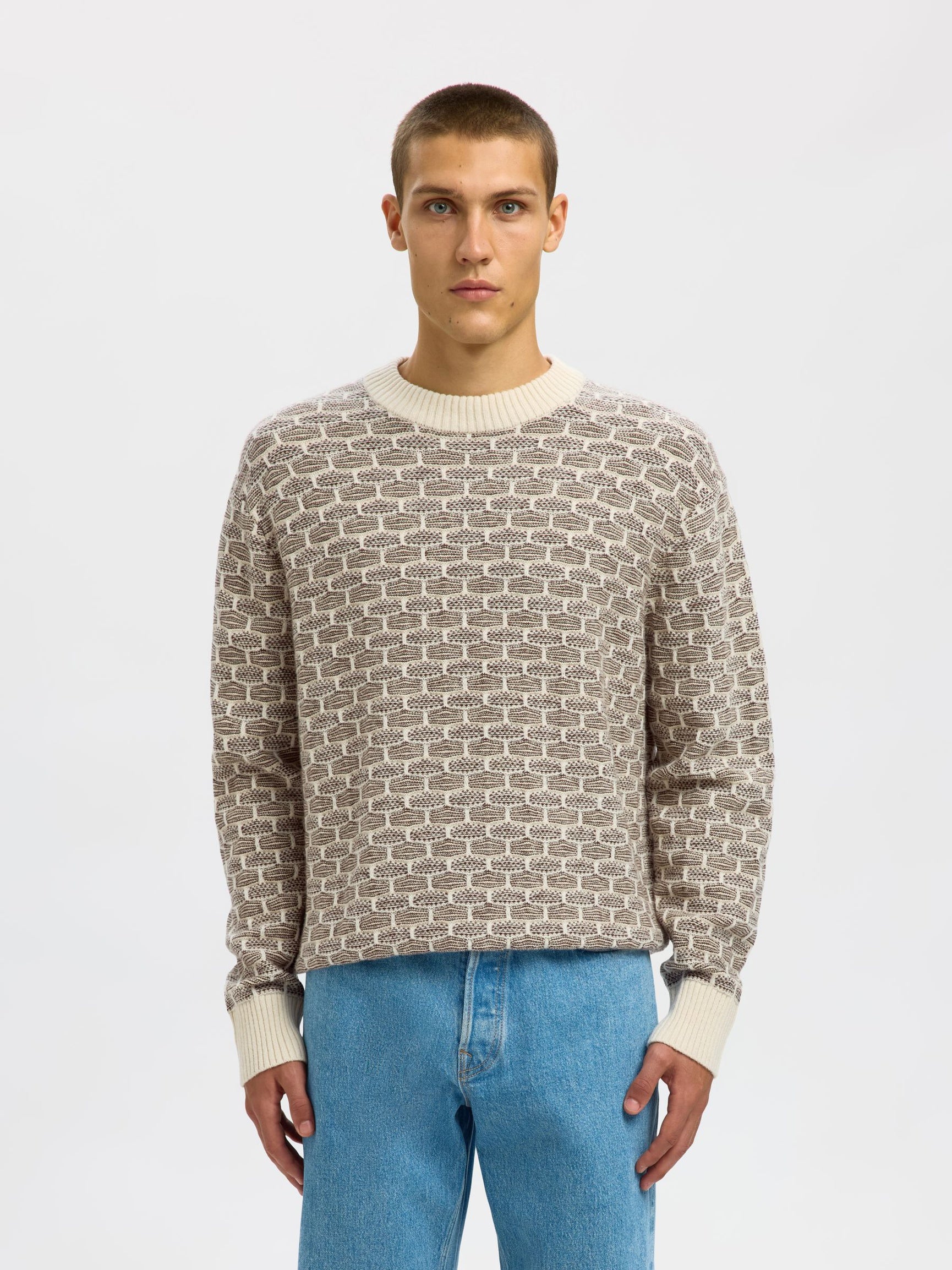 SELECTED HOMME CREW NECK - EGRET / DEMITASSE