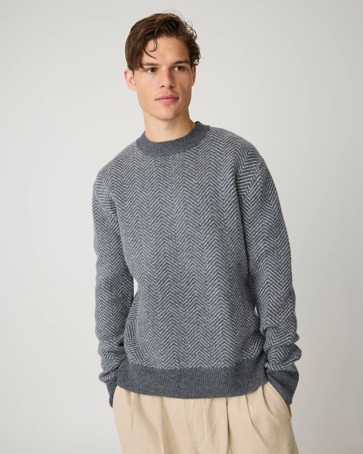 LAMBSWOOL JACQUARD SWEATER - GREY - KNOWLEDGE COTTON APPAREL