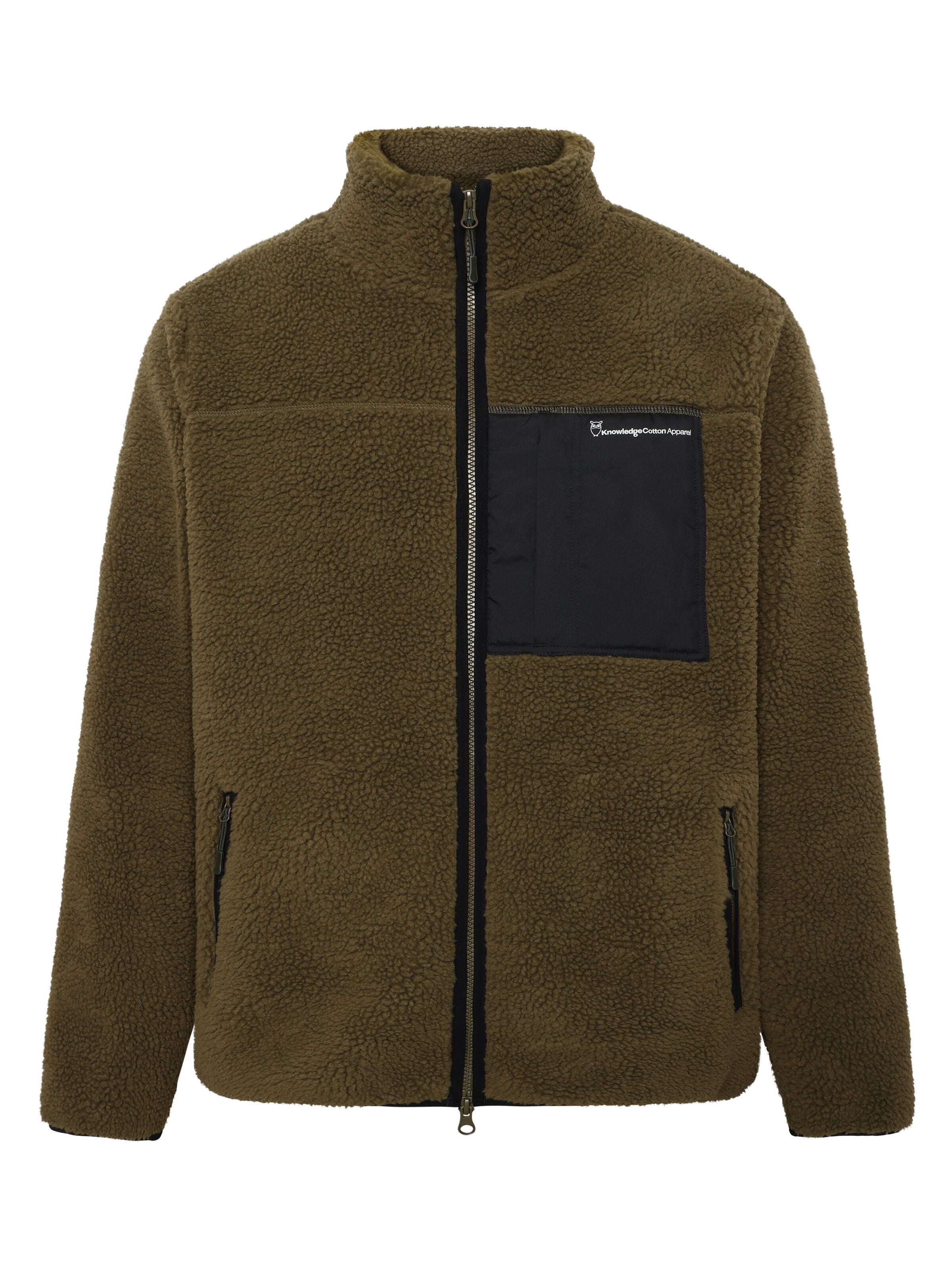 KNOWLEDGE COTTON APPAREL TEDDY FLEECE ZIP SWEAT - DARK OLIVE