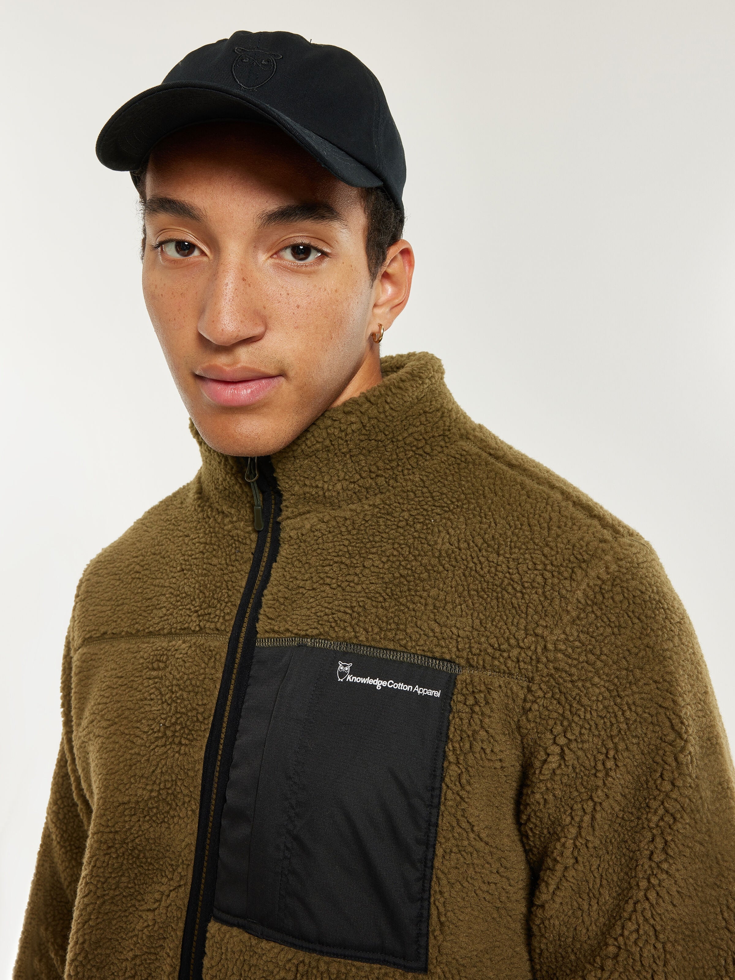 KNOWLEDGE COTTON APPAREL TEDDY FLEECE ZIP SWEAT - DARK OLIVE